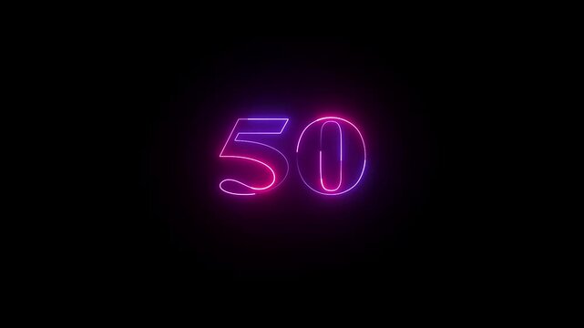 50 number neon bright glowing animation on black background 4k video.