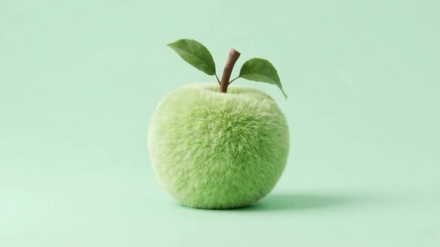 Green fuzzy apple with leaves on a mint background. minimal surreal still life showing gentle rotation and subtle camera pan.