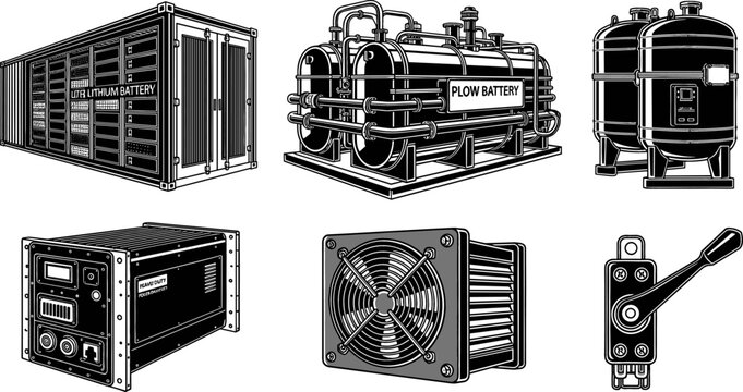 Industrial Flow Battery Energy Storage System Icon Set with Container Storage Electrolyte Tanks Power Inverter Cooling Fan and Manual Knife Switch Vector Elements