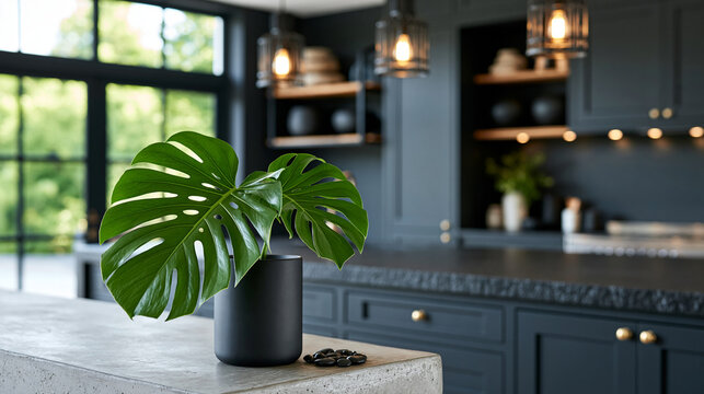 A raw polished concrete side table occupies the foreground, supporting a single large tropical monstera leaf in a tall cylindrical black vase and a small cluster of black river peb