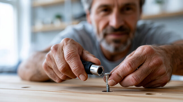 A close-up of European hands softly using a hex key to tighten a screw on minimalist wooden furniture during a calm home assembly against a bright defocused backdrop, precision ges