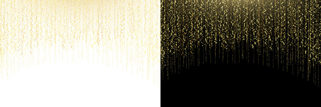 Luxury golden glitter strands with sparkling confetti and glowing bokeh particles cascading over a black background. Shimmer texture with twinkling stars, festive lights, PNG holiday decoration 