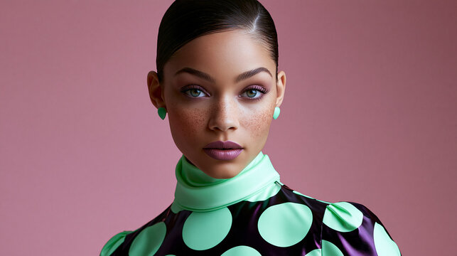 Ein weibliches Model mit blauen Augen tr&auml;gt einen schwarz-gr&uuml;n gepunkteten Rollkragenpullover vor einem rosafarbenen Hintergrund.