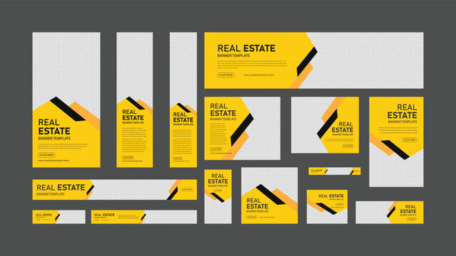 Real Estate web banner design template Sets, Google ads web banner, Vertical, Horizontal and Square banners with standard size and place for photos.