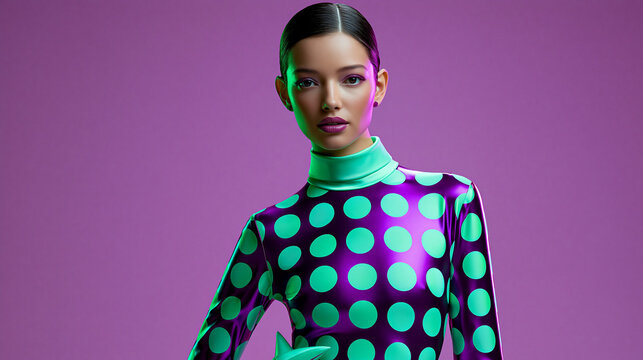 Ein weibliches Model tr&auml;gt einen auff&auml;lligen gr&uuml;n-schwarz gepunkteten Rollkragenpullover vor einem rosafarbenen Hintergrund
