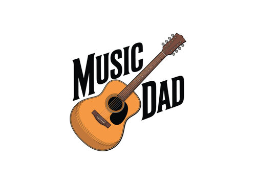 Acoustic guitar illustration with text vintage style detailed linework on transparent background stringed.