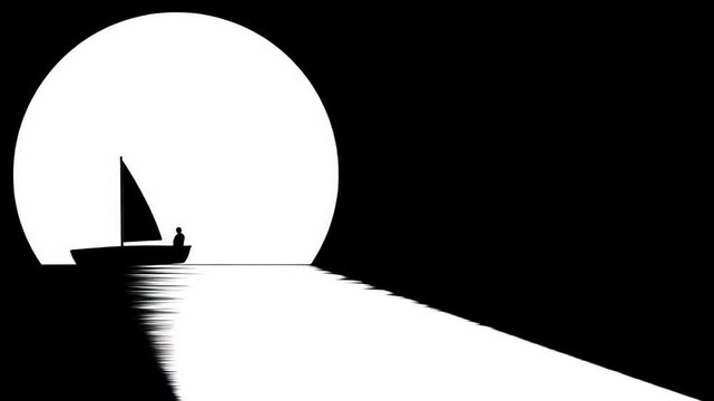 Silhouette of a boat sailing towards a bright light source at night
