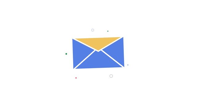 A blue and yellow envelope icon with white lines and dots on a white background