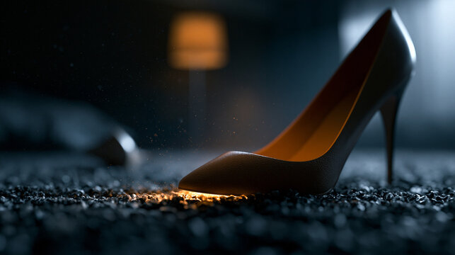 Ein gl&auml;nzender brauner Damenschuh mit hohem Absatz steht auf einem dunklen, k&ouml;rnigen Untergrund mit goldenem Glitzer.