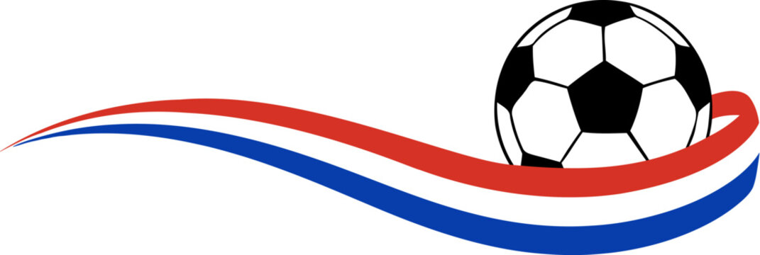 Dynamic sports illustration of a classic football and wavy swoosh line in the national flag colors of Netherlands, Croatia, and Paraguay, transparent vector background