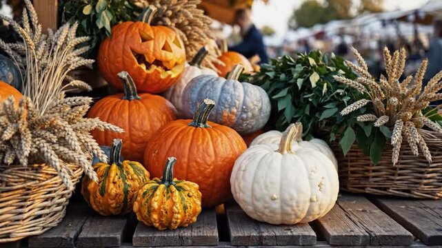 Outdoor autumn market display featuring a carved pumpkin among various gourds and wheat stalks on a rustic wooden table