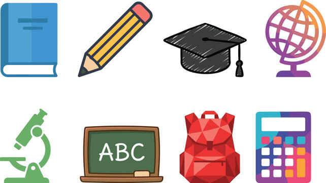 Education and school icon set featuring book, pencil, graduation cap, globe, microscope, chalkboard, backpack, and calculator for learning, science, mathematics, 