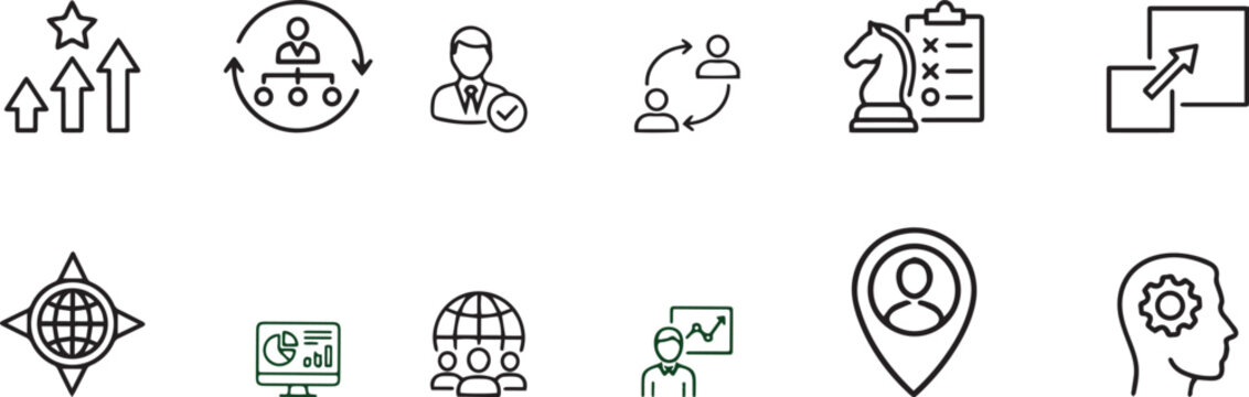 Business Strategy and Workforce Management Icons Set with Leadership Growth Analytics Global Network and Planning