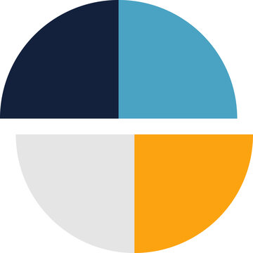 Minimalist business pie chart with four distinct colored quadrants for data visualization and financial illustration