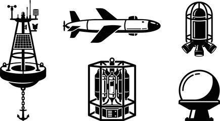 Oceanography and Marine Scientific Research Equipment Black Glyph Vector Icon Set with Weather Buoy Autonomous Underwater Vehicle and Deep Sea Sensors © monoara