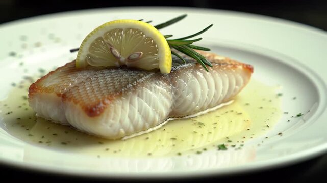 Pan seared white fish fillet with lemon and rosemary on a white plate