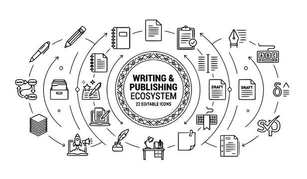 Writing and Content Creation Outline Icon Set with Pen Pencil Document and Editing Symbols Editable Stroke Vector