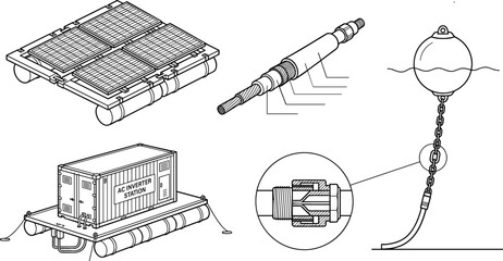 Offshore Floating Solar Power Plant and Renewable Energy Infrastructure Icon Set with Floating PV Panels Inverter Station Underwater Cable Mooring Buoy Outline Vector © monoara