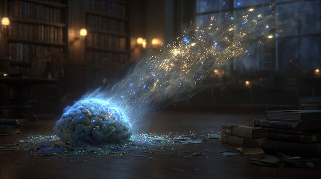 Glowing human brain on library floor exploding with magical gold particle stream