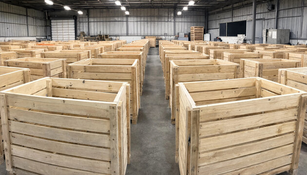 Warehouse interior filled with many empty wooden shipping crates warehouse shipping logistics industrial container distribution transport inventory material handling commercial