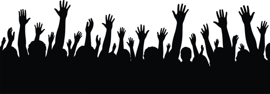 A massive silhouette crowd of concertgoers raising their hands in unison at a live music festival, energetic and vibrant black and white vector illustration