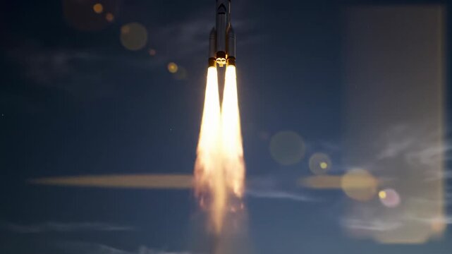 Sleek, futuristic rocket with fiery plume launches from golden clouds into indigo sky, low angle tracking video, anamorphic flares. Concept of advanced space exploration