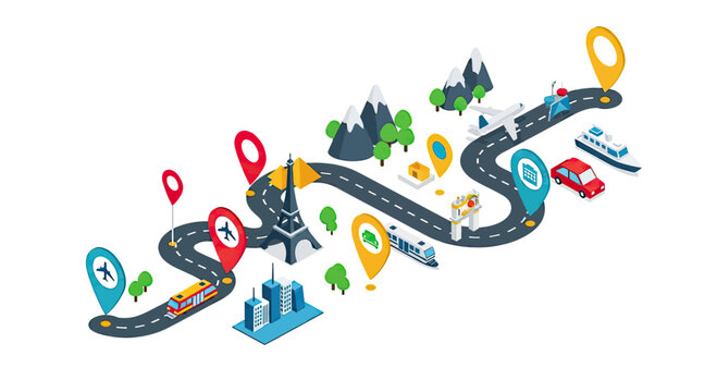 An illustrative isometric view of a winding road with various travel destinations and modes of transportation, showcasing a journey across different locations.