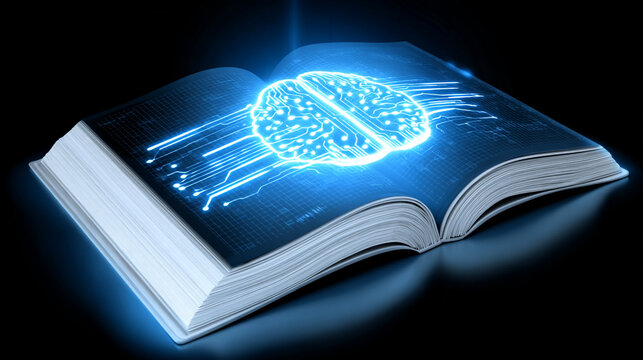 Glowing blue digital brain circuit blueprint on an open book representing computer science data
