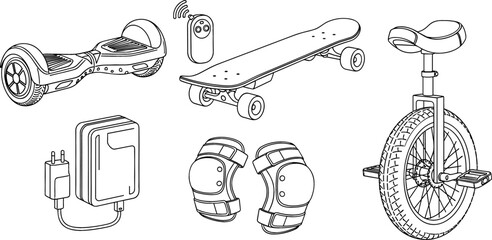 Personal Electric Micro Mobility Vehicle Icon Set with Hoverboard Electric Skateboard and Remote Unicycle Charger and Protective Knee Pads Line Art Vectors © monoara