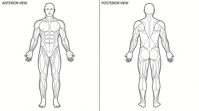 Anterior and posterior view of human muscular system anatomy illustration