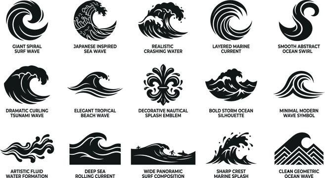 Collection of 15 black silhouette ocean wave graphics and illustrations