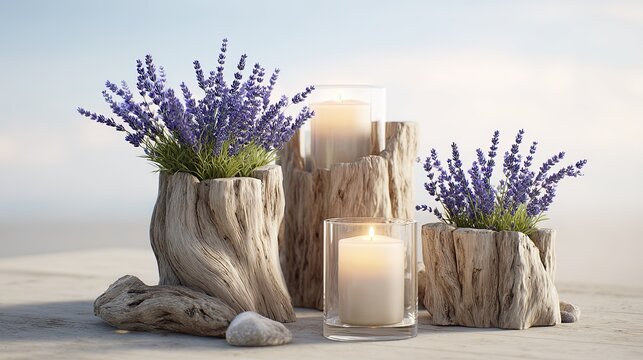 Coastal-inspired driftwood candleholders with lavender sprigs, octane render, 32k, UHD 