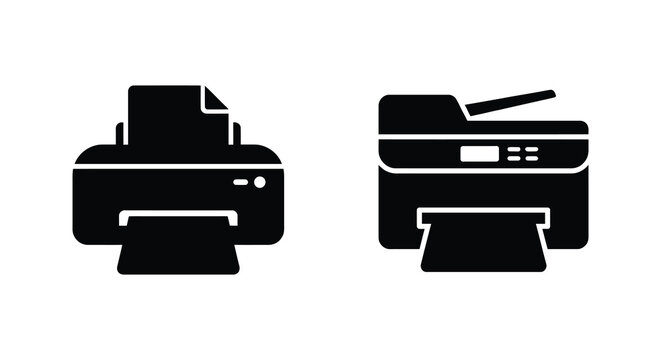 Two Printer Silhouettes With Paper Output Trays Black And White Silhouette printing office equipment workstation