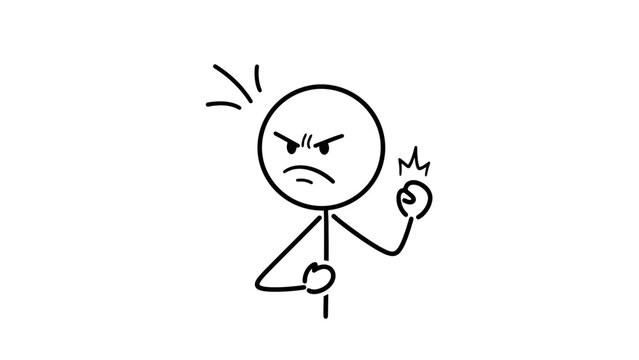 Angry Stick Figure Cartoon Man Clenching Fist and Frowning on Isolated White Background