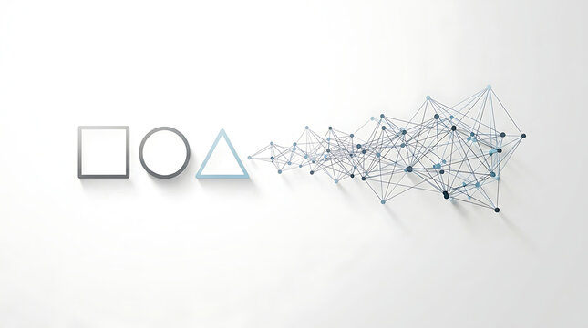 Geometric shapes evolving into a complex interconnected network on a white background, symbolizing data transformation and abstract connections.