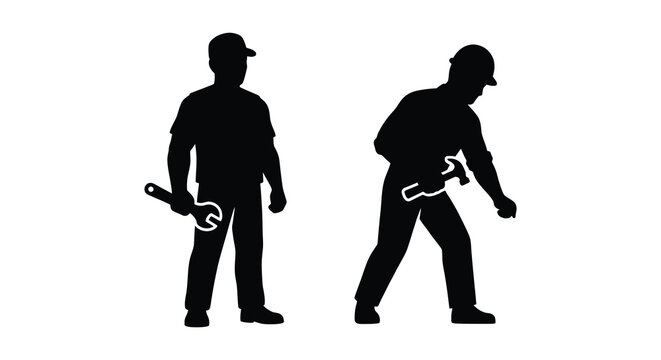 Two mechanics in workwear holding wrenches black silhouette mechanic auto automobile repairman repairmen workman workmen