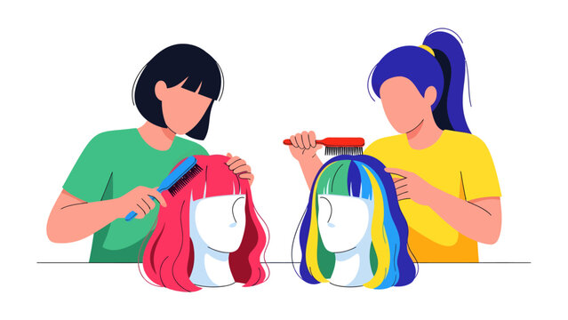 Wig Styling Fun: Two individuals are shown styling vibrant, colorful wigs on mannequins, a scene illustrating creativity and personal expression in beauty and fashion.