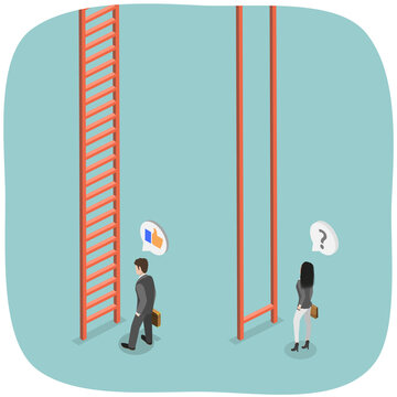 3D Isometric Flat  Illustration of Gender Inequality, Man And Woman By Career Corporate Ladder