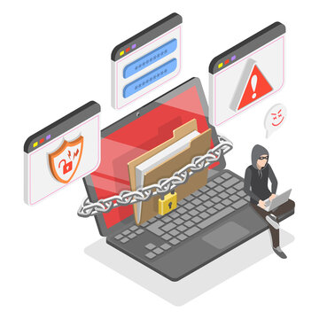 3D Isometric Flat  Illustration of Cybersecurity, Cyber Criminal Hacking Laptop For Ransomware Prevention And Cybersecurity Defense Measures