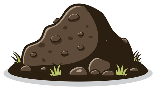 Cartoon illustration of a large pile of dark brown soil with rocks and grass sprouting from the ground.