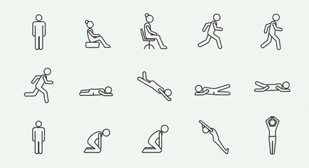 Collection of simplified human figure icons showing various poses and activities. © Kancil