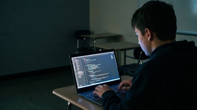 Over the shoulder shot of a student programming on laptop in a dark classroom with blank blackboard copy space