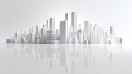 Fototapeta premium Minimalist 3D architectural model of a white cityscape skyline with glossy ground reflection on a white background