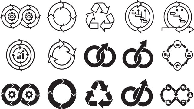 Collection of various black circular process arrows and infinity cycle icons on transparent background