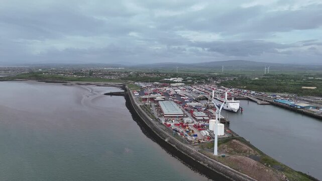 Heysham port Lancashire UK Panning drone aerial