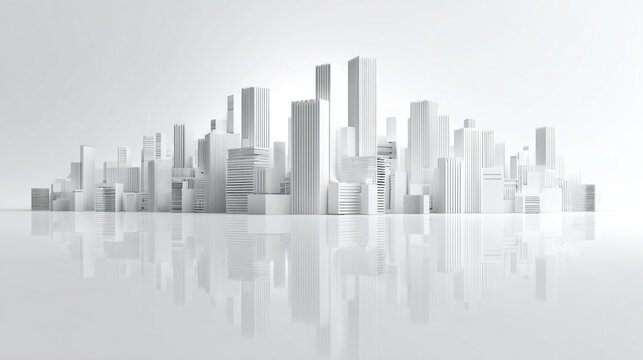 Minimalist 3D architectural model of a white cityscape skyline with glossy ground reflection on a white background