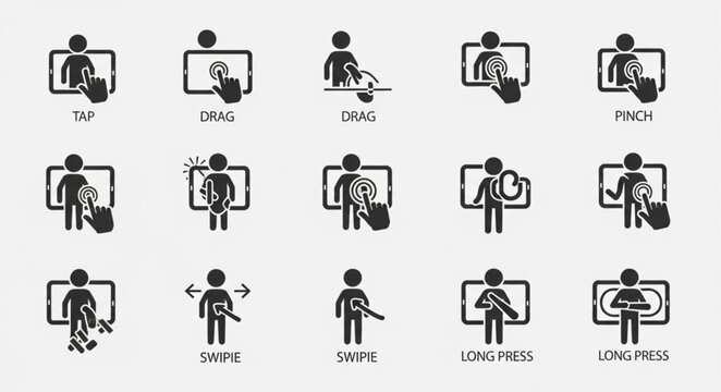 Collection of touch screen gesture icons for digital interfaces.