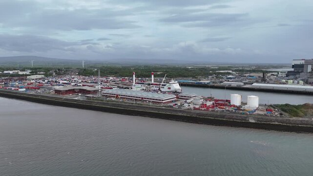 Heysham port Lancashire UK Panning drone aerial