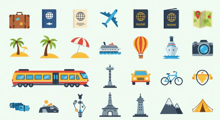 Fototapeta premium Collection of Travel and Transportation Icons and Symbols.