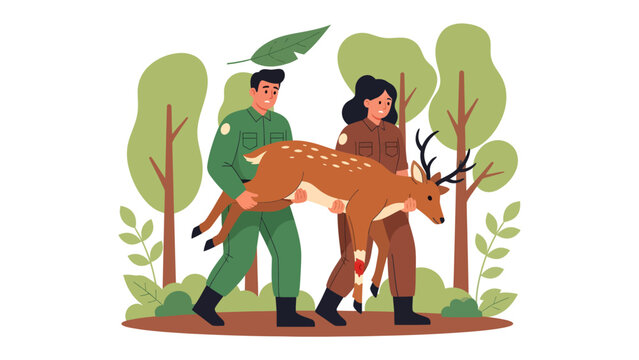 Conservationists Carrying Deer Through Forest: Two conservationists, a man and a woman, in uniform, carefully carry a sedated deer through a stylized forest landscape.